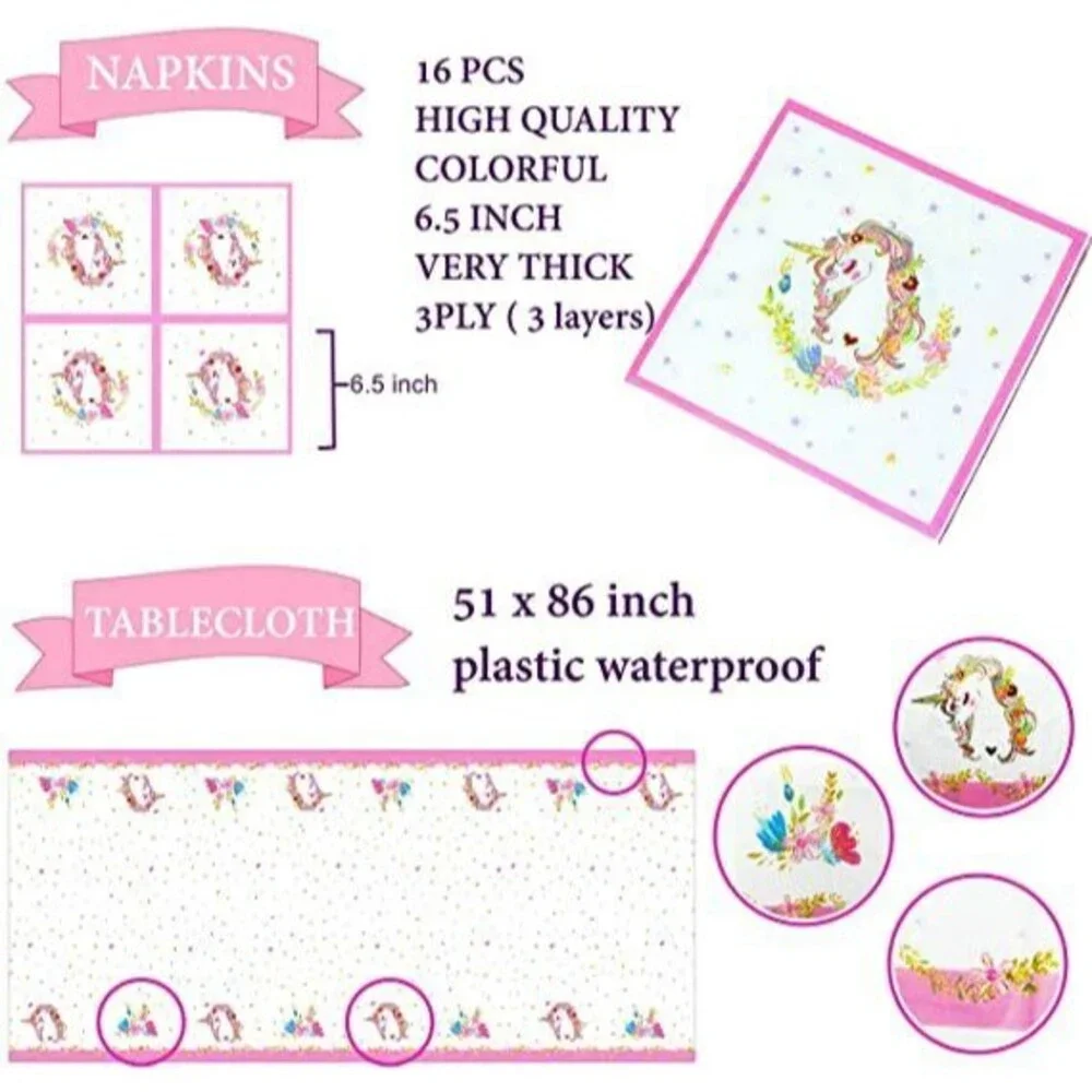 Unicorn Themed Birthday Party Plates Supplies Serve 16 Guest - 130 Pieces